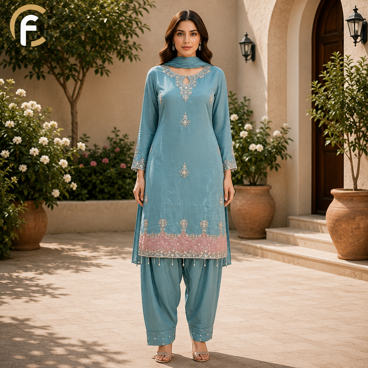 Farsi Salwar Suit Sky Blue Shade with Elegant Neck Design