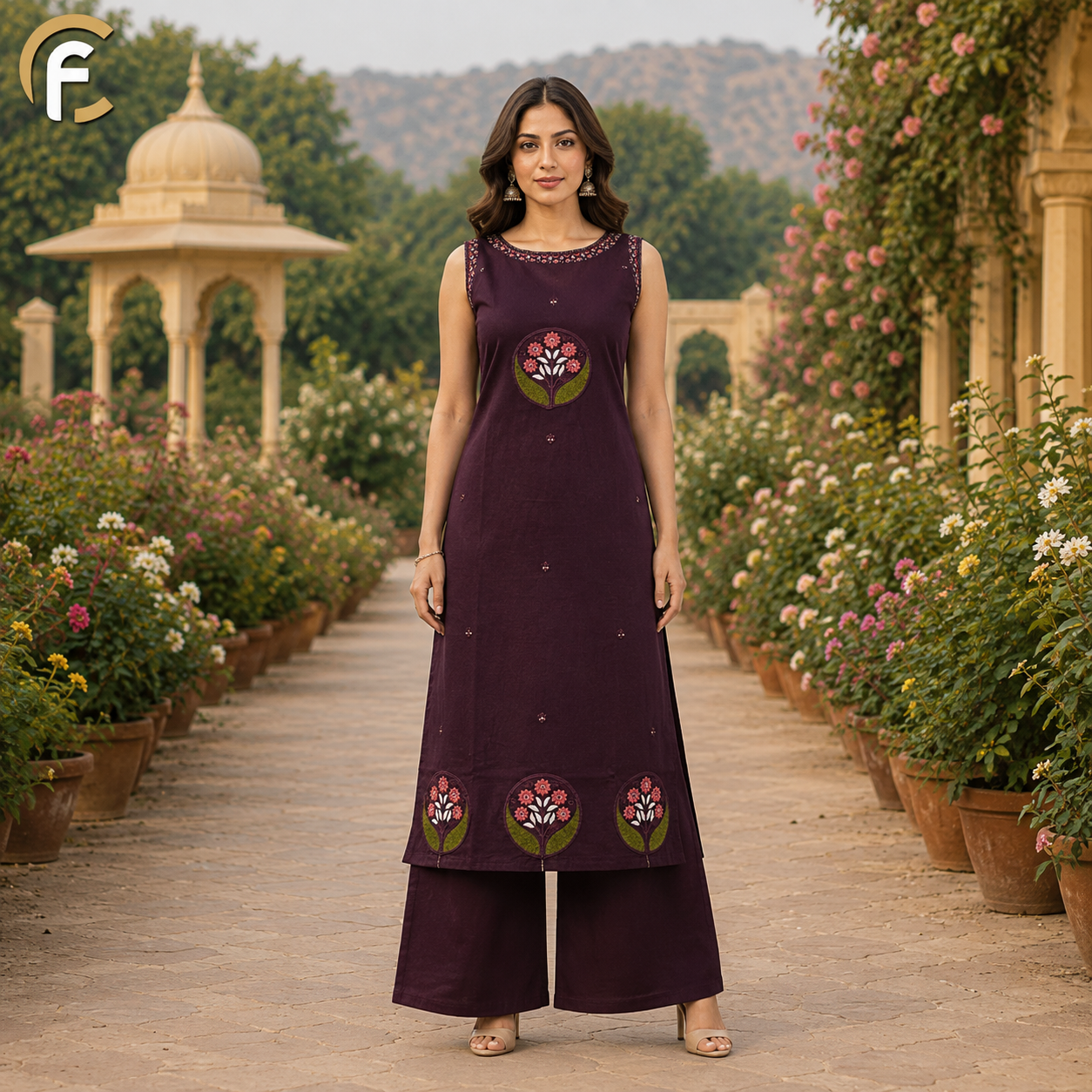 Wine Color Sleeveless Kurti Palazzo Set