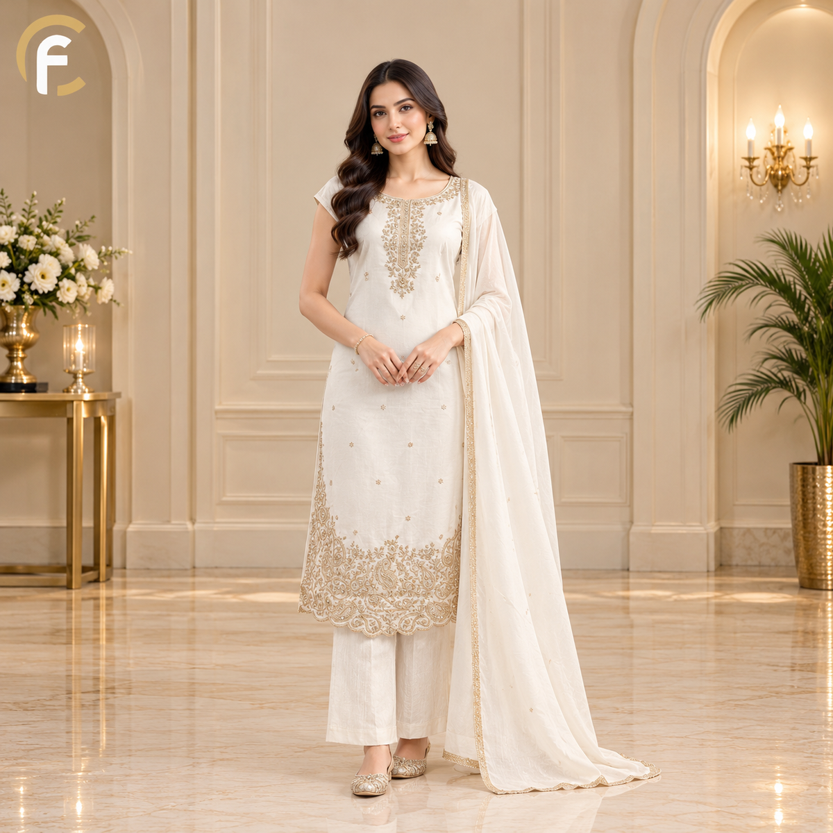 White Sleeveless Kurti with Pant and Golden Work