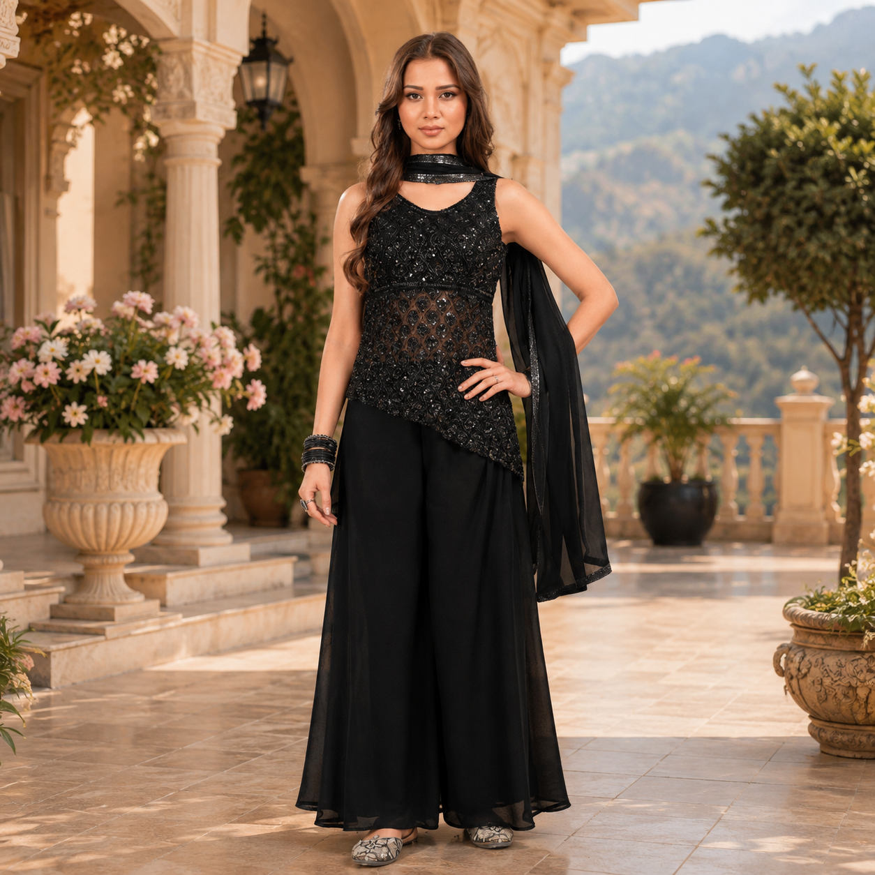 Black One Side Flare Short Kurti Palazzo Set