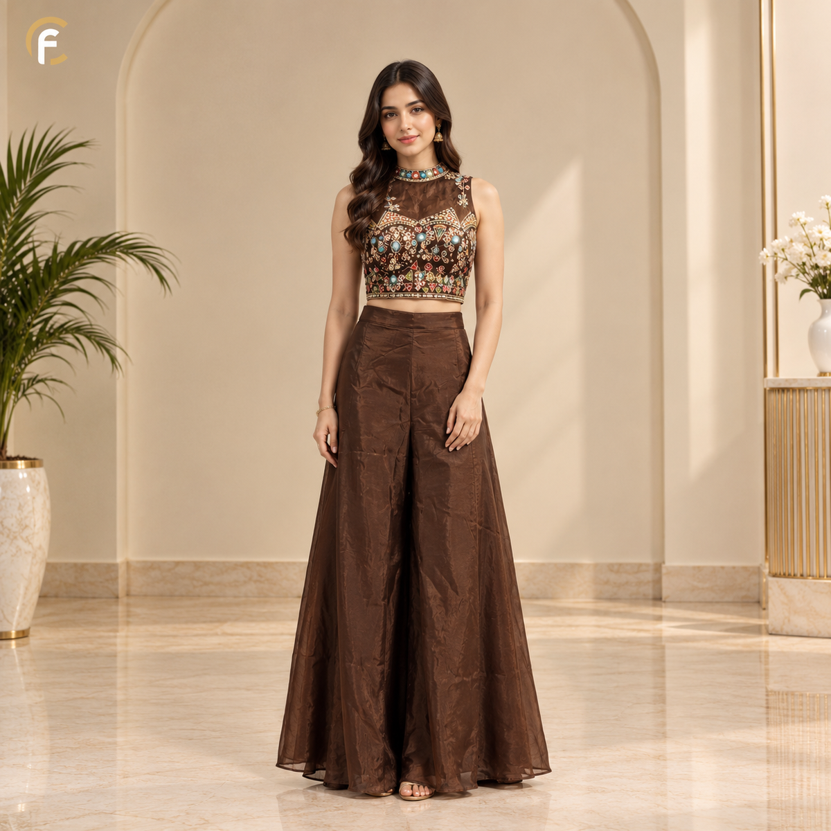 Coffee Halter Neck Crop Top with Palazzo and Plain Dupatta