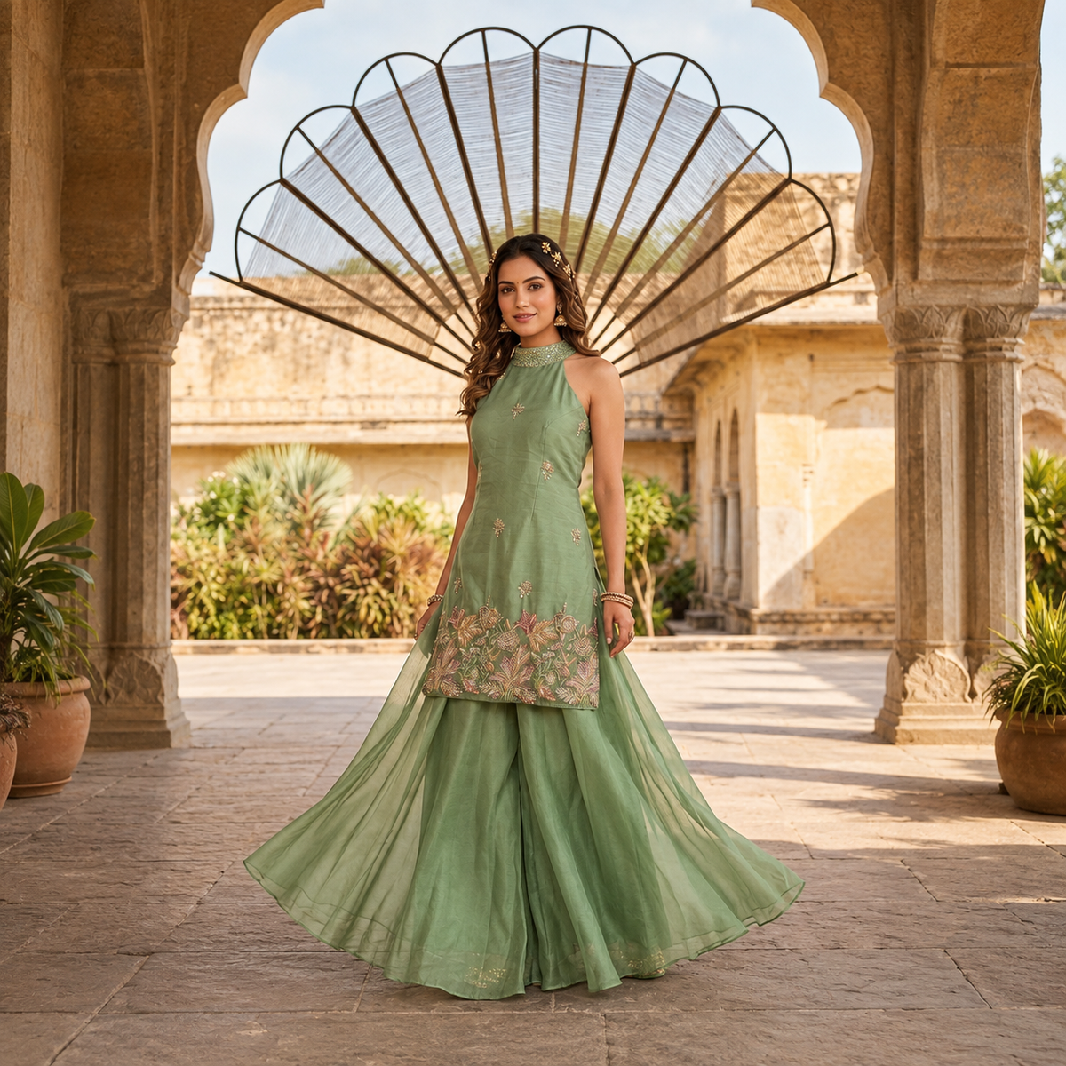 Green Halter Neck Kurti with Palazzo and Hand Work