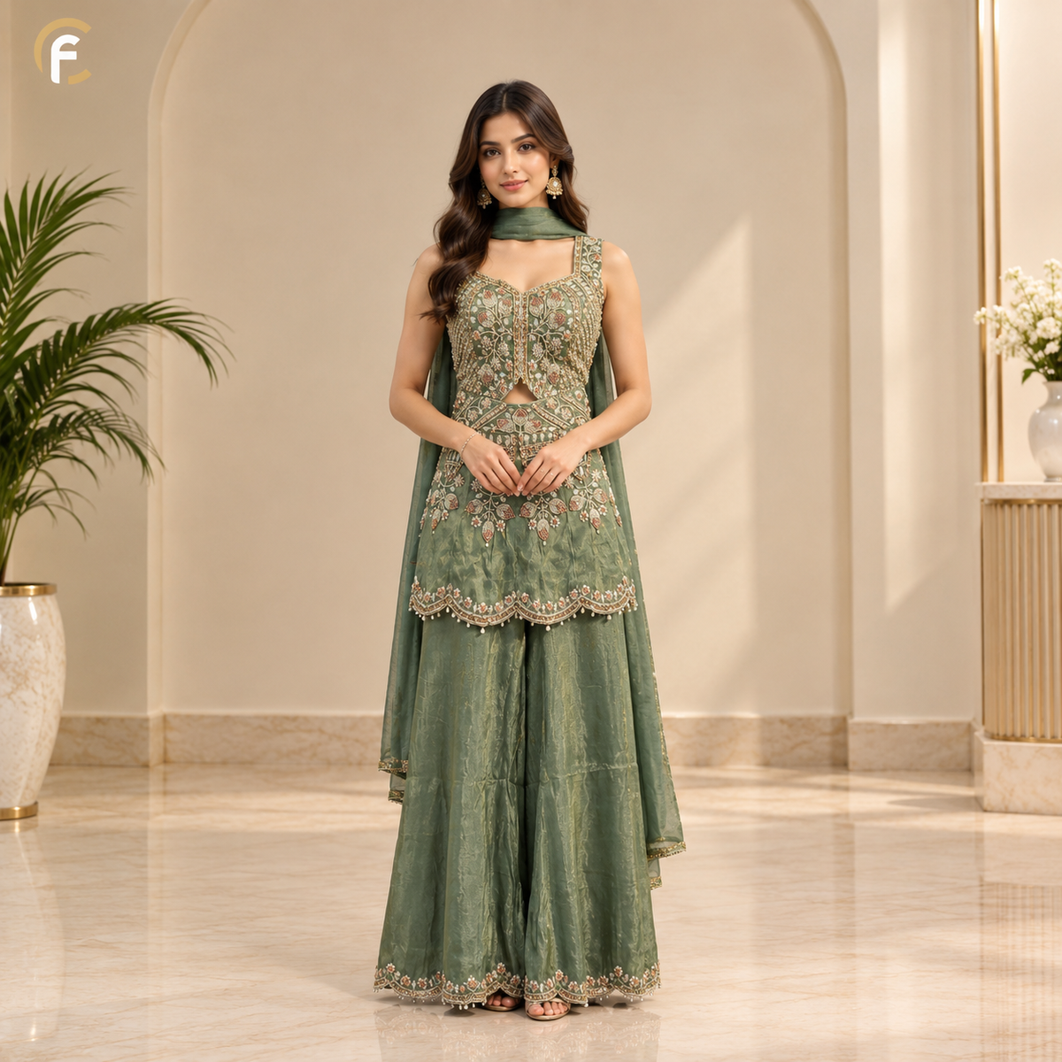 Pista Green Peplum with Palazzo and Dupatta