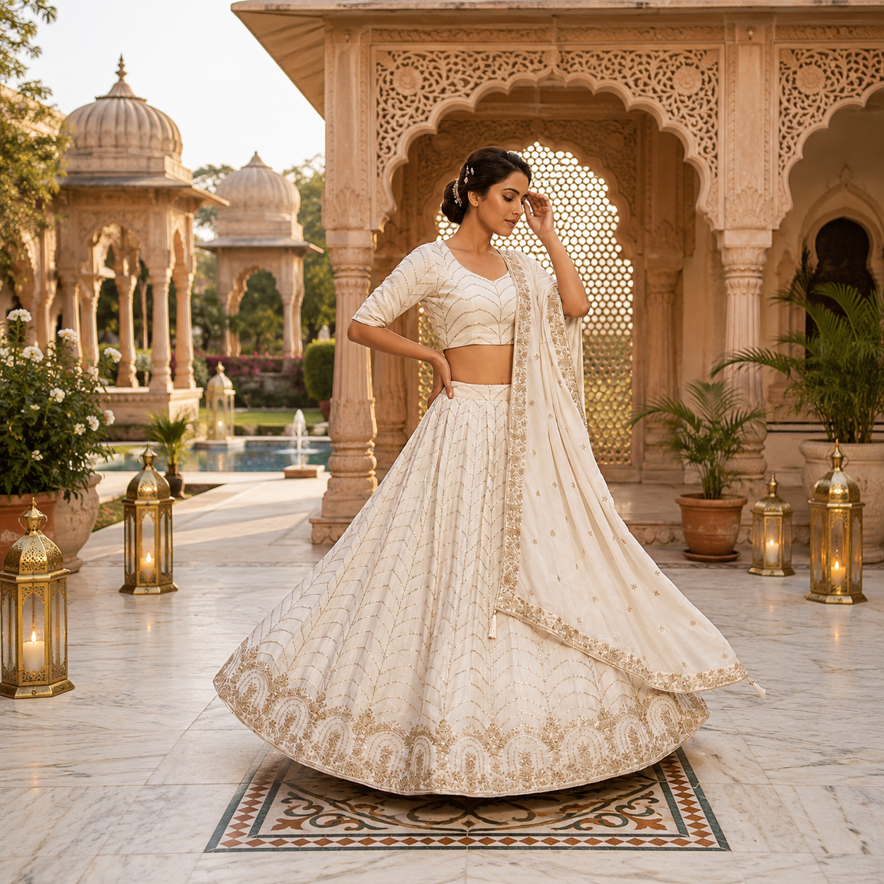 Beautiful White Lehenga with Full Gher and Work and Heavy Dupatta