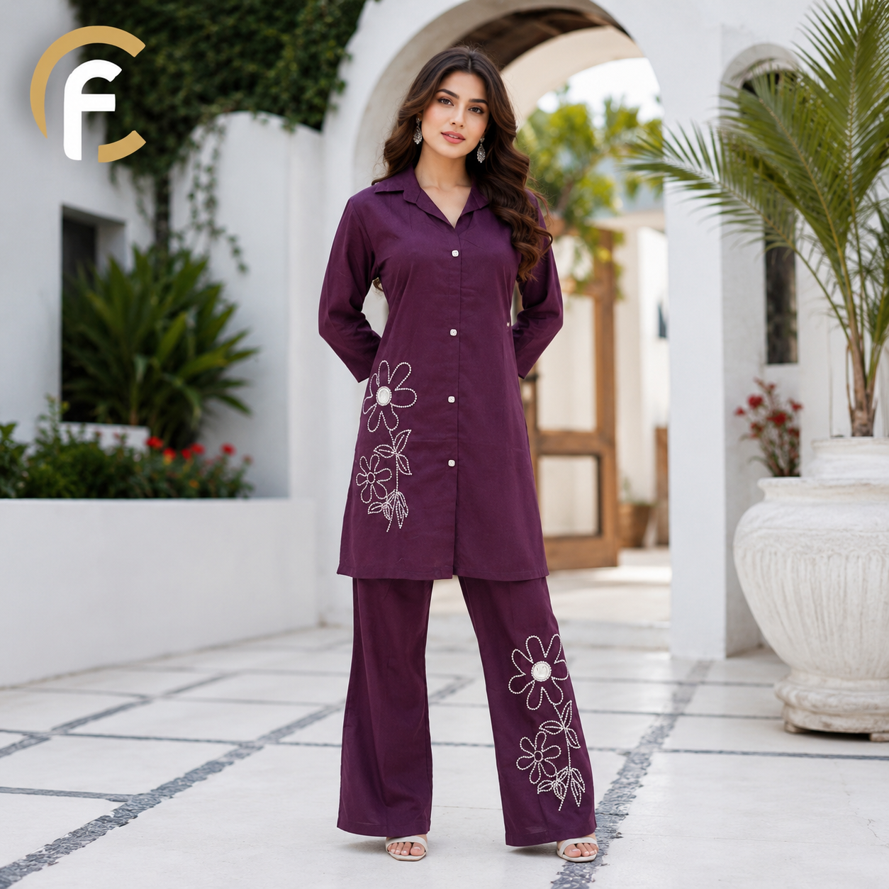 Wine Co-ord Set with Floral Thread Work & Collar Design