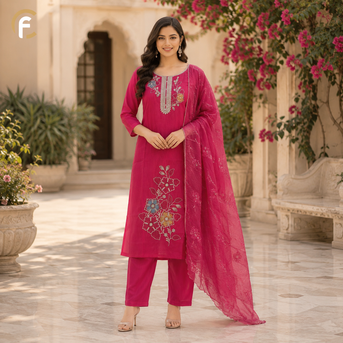 Hot Pink Shade Suit with Work Dupatta