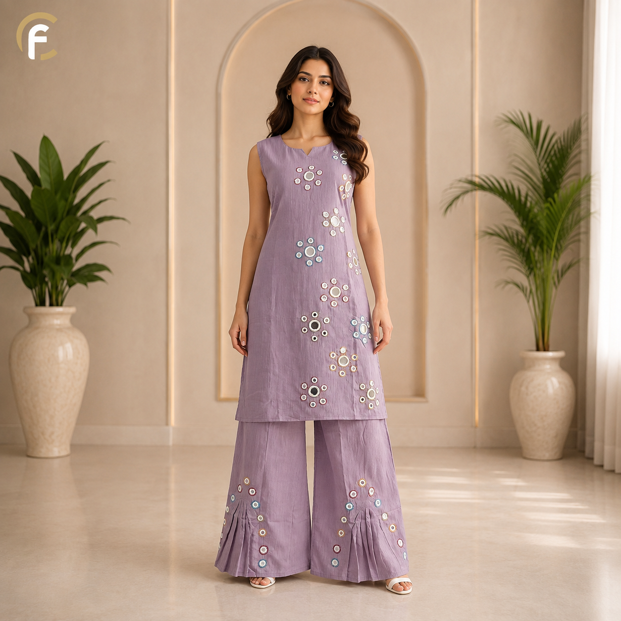 Lavender Sleeveless Co-ord Set with Light Work