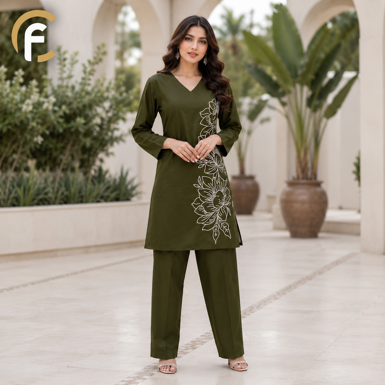Green V-Neck Co-ord Set with White Thread Work