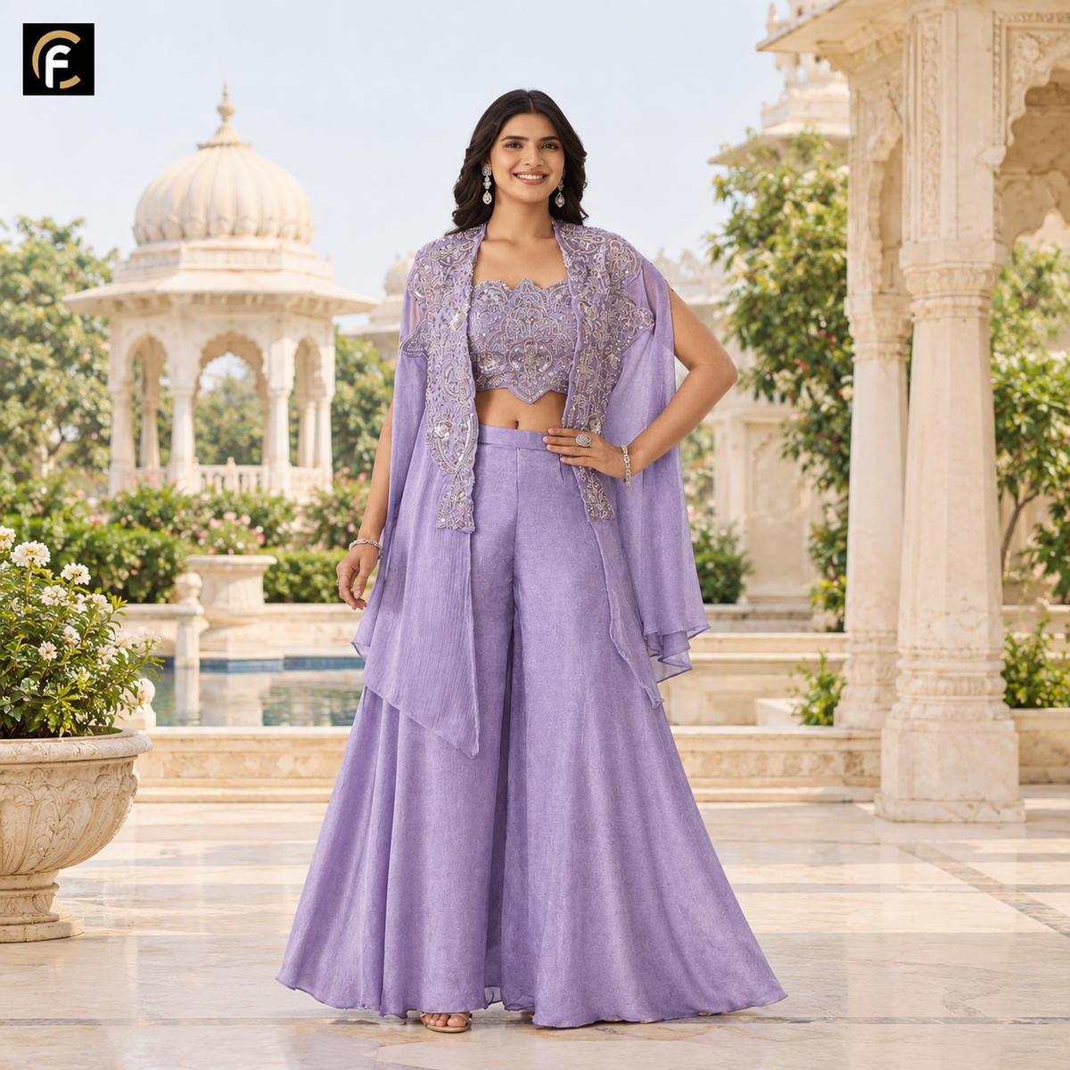 Lavender Crop Top Palazzo Set with Shrug