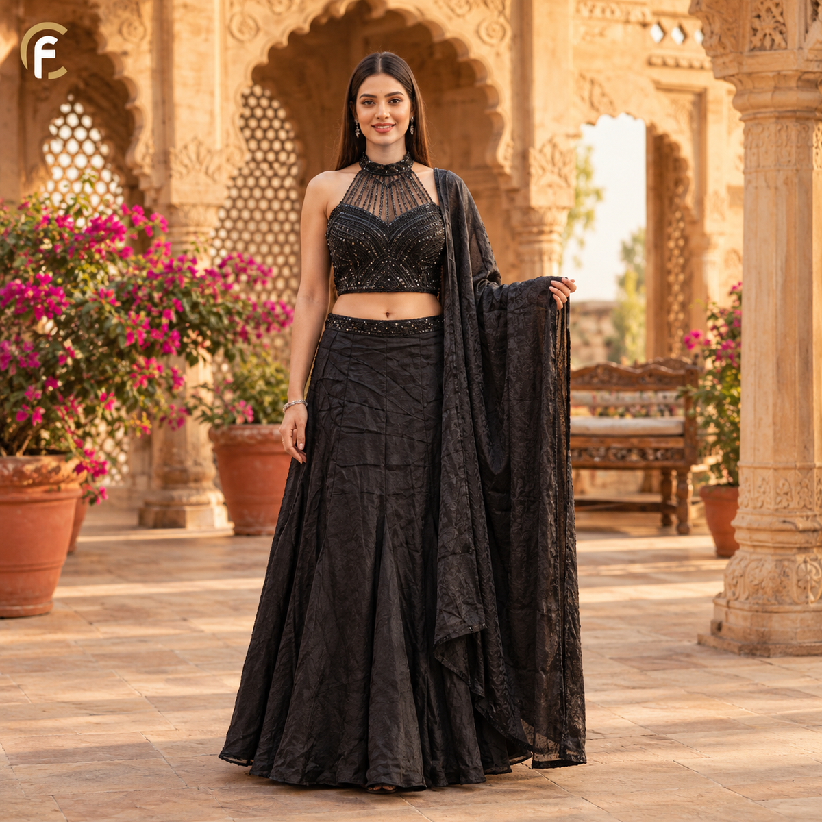 Black Halter Neck Top with Crystal Work and Fish Cut Skirt
