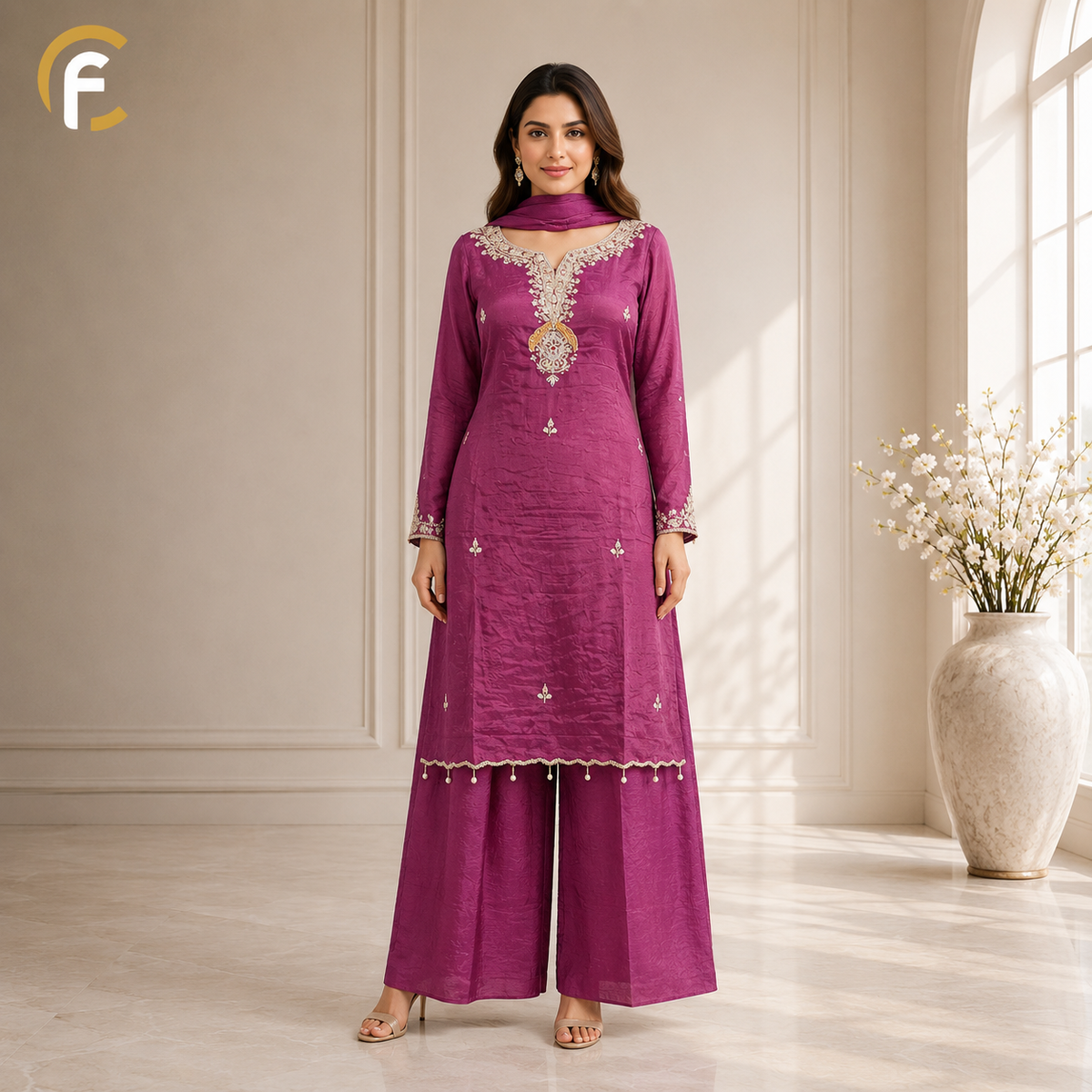 Magenta Pink Pure Fabric Palazzo Kurti Full Sleeves with Plain Dupatta