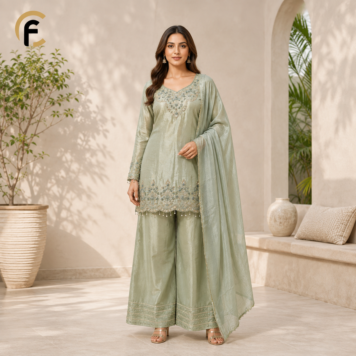 Green Apple Cut Kurti Full Sleeves with Palazzo and Dupatta