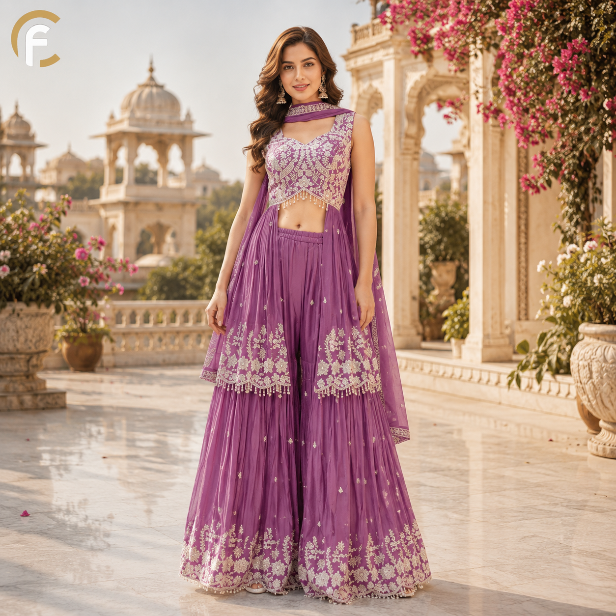 Front Cut Peplum with Garara and Full Length Dupatta Dark Onion Color