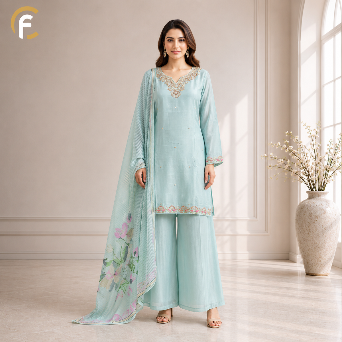 Sky Blue Kurti Palazzo Set with Beautiful Printed Dupatta