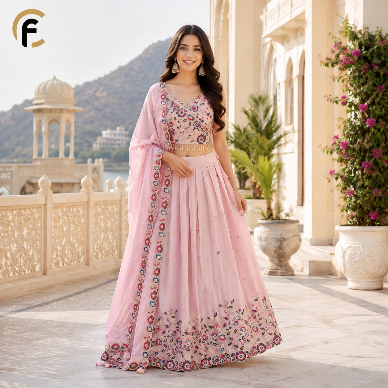 Pink Thread Work Lehenga and Stylish Crop Top with Heavy Dupatta