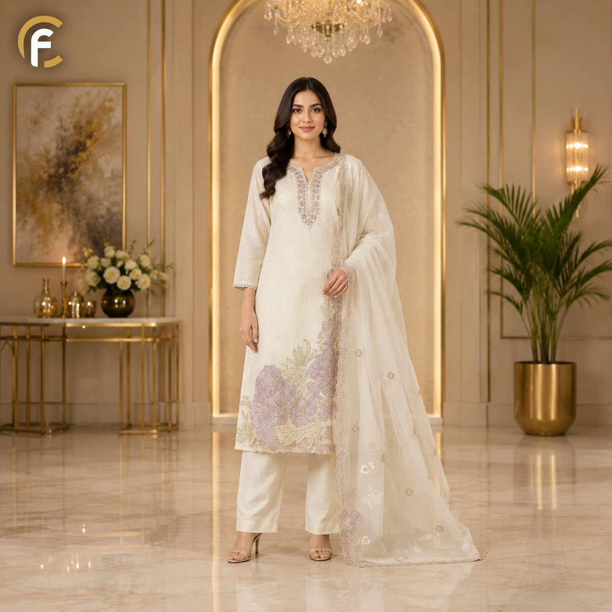 Half White Shade Suit with Lavender Work and Heavy Dupatta