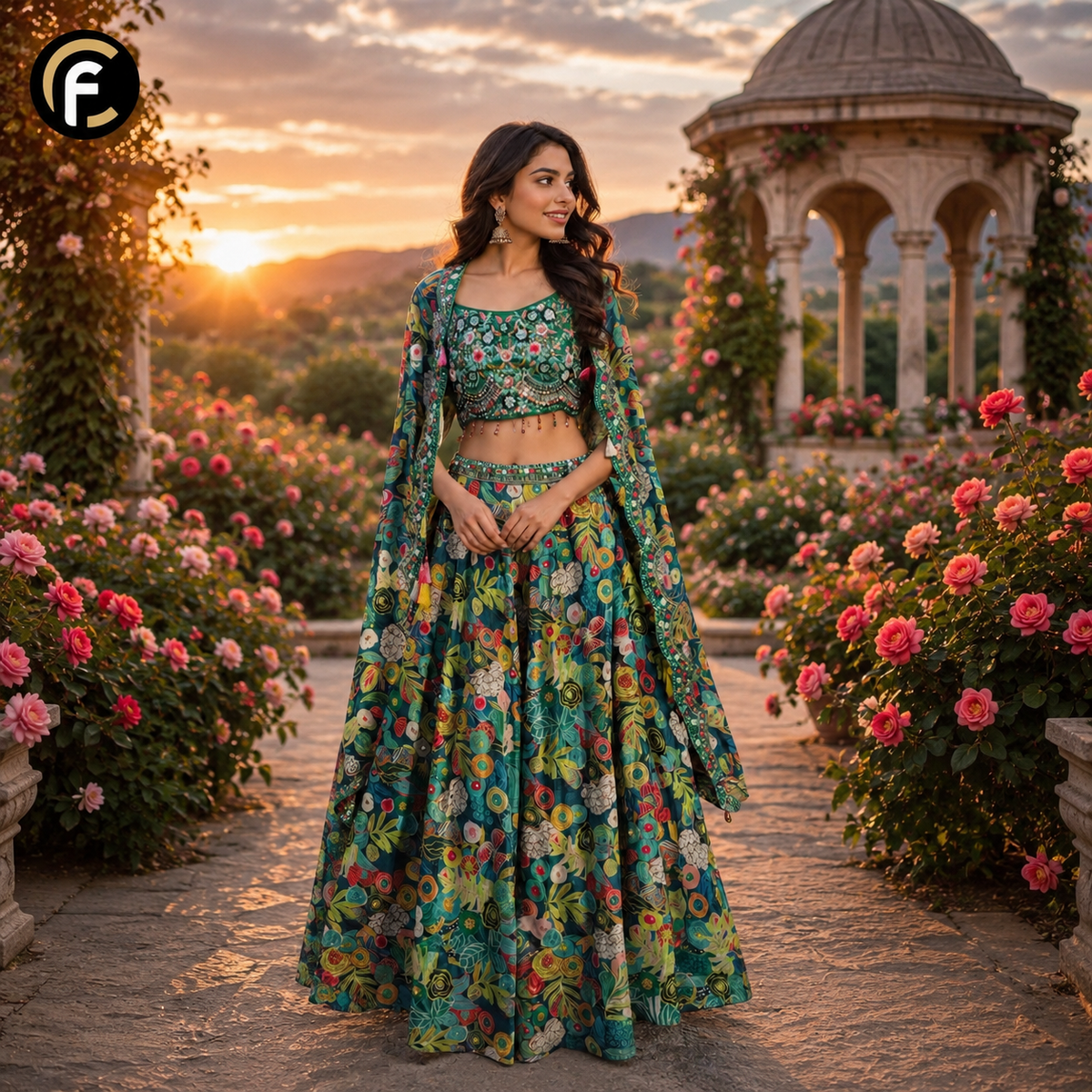Rama Green Floral Print Crop Top Skirt with Long Shrug