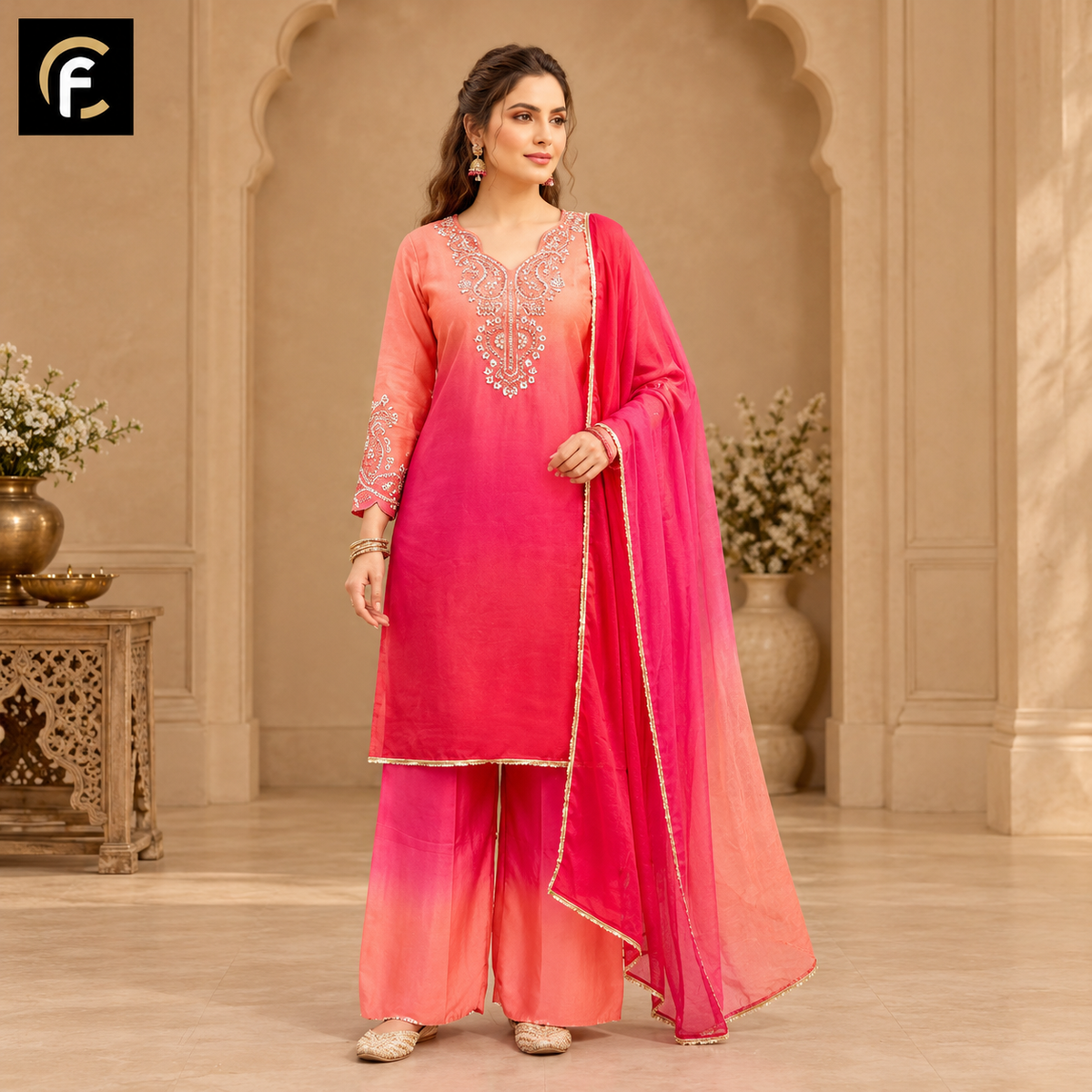 Orange Red Shaded Kurti with Palazzo and Plain Chiffon Dupatta