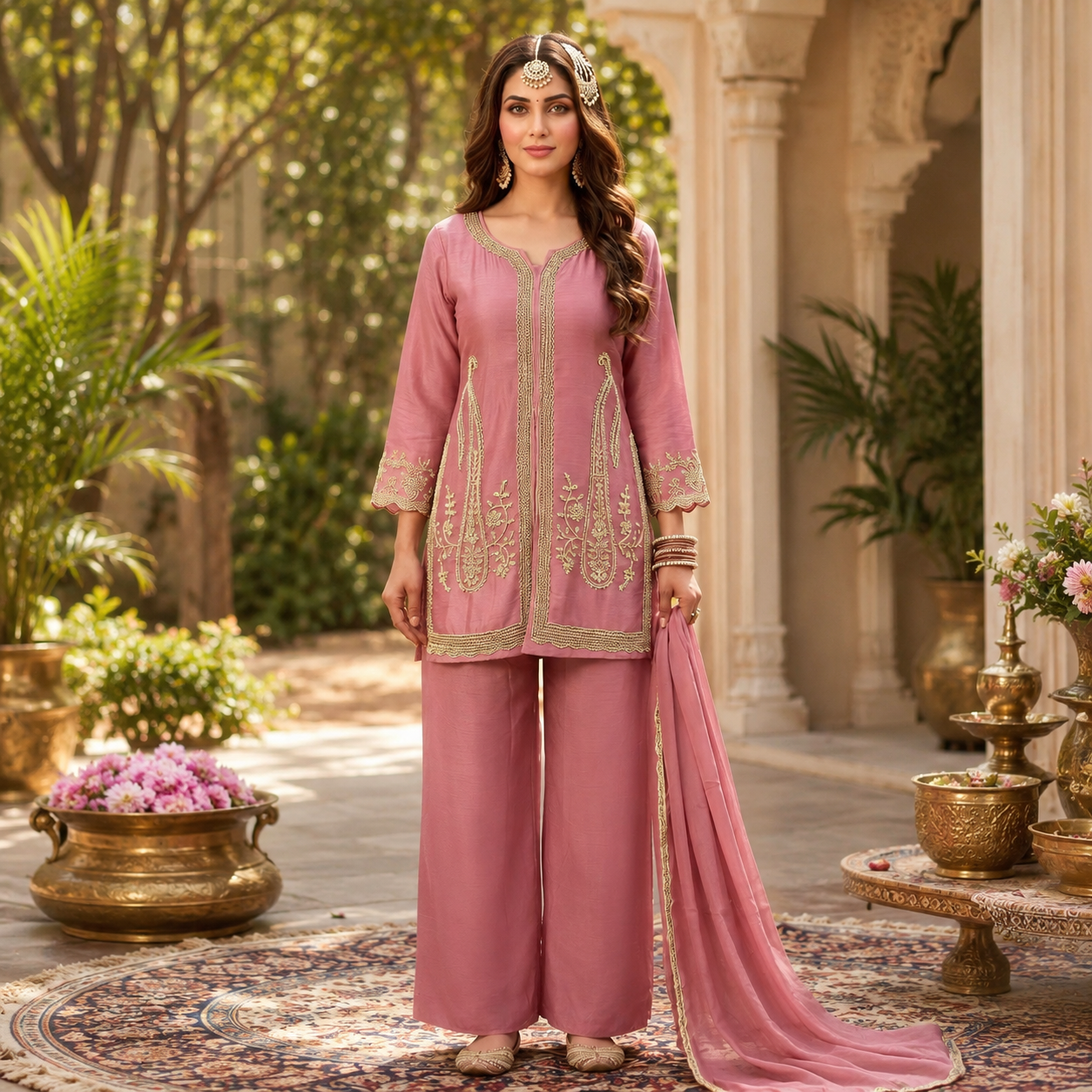 Pink Short Kurti Palazzo Set (Chinon Fabric) with Dupatta