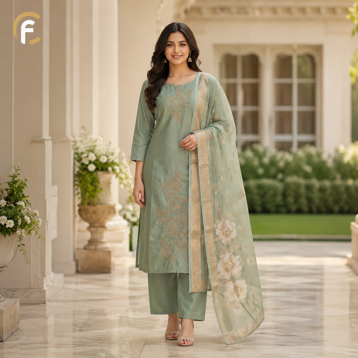 Pista Green Suit with Organza Dupatta