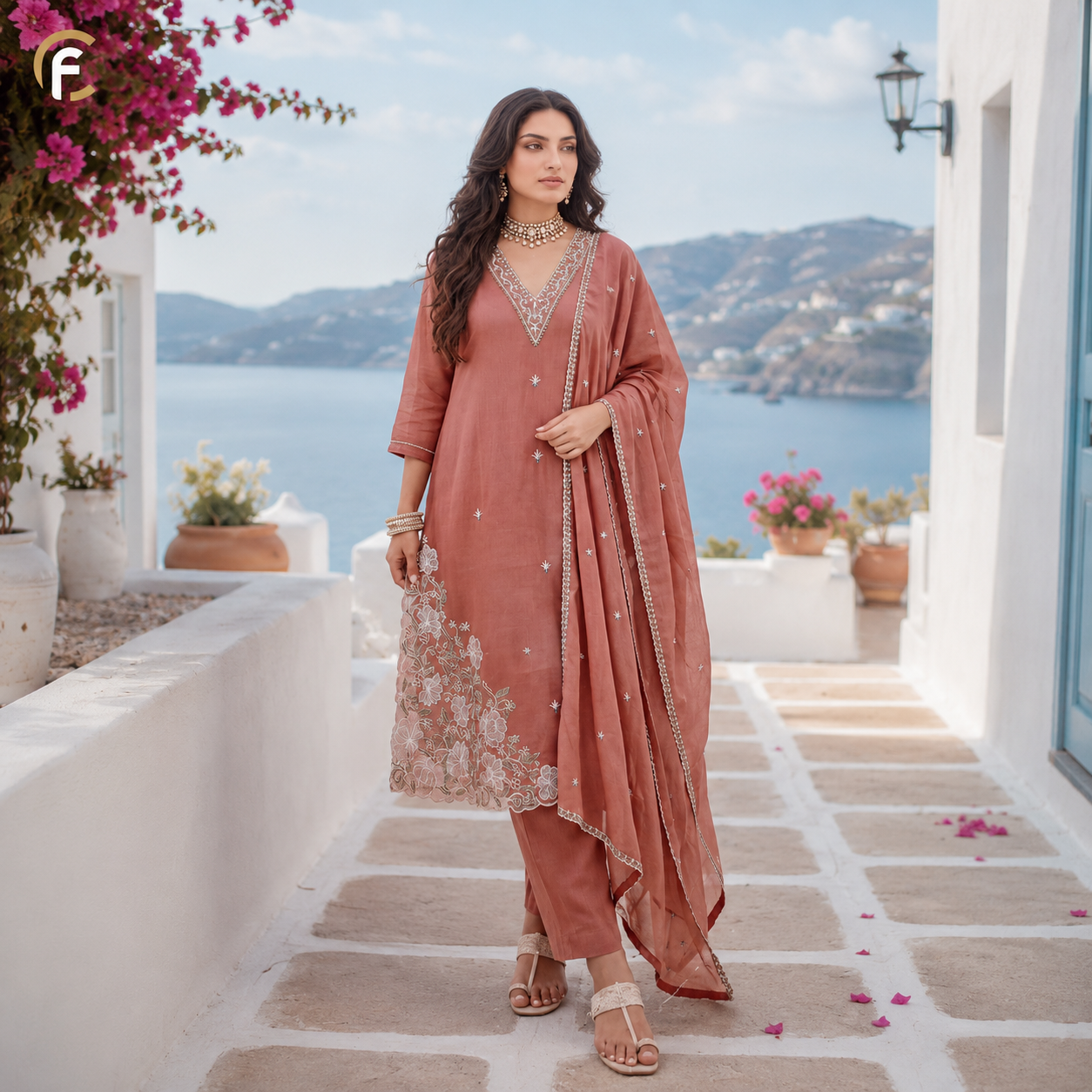 Rust Color V-Neck Kurti Pant Set with Dupatta & One Sided Work