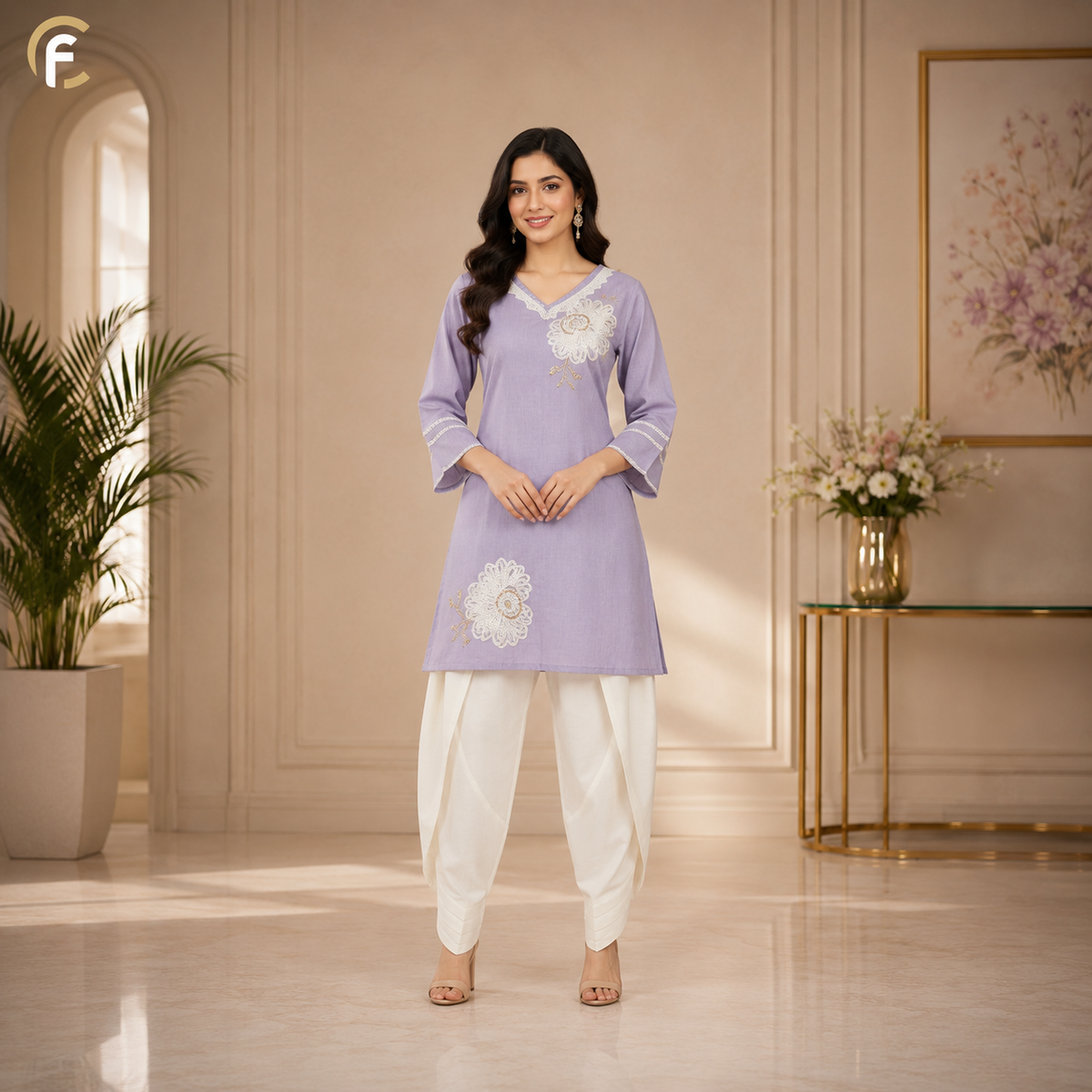 Purple V-Neck Co-ord Set with White Dhoti Pattern