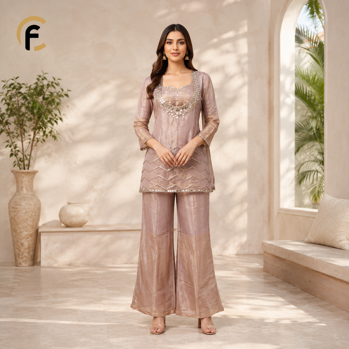 Deep Neck Kurti with Crop Top and Palazzo Ivory & Onion Shade
