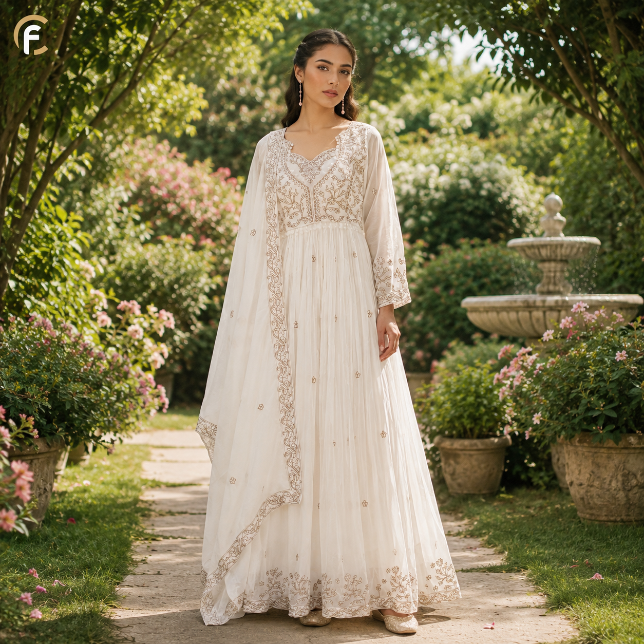 White Gown with Beautiful Work & Heavy Dupatta