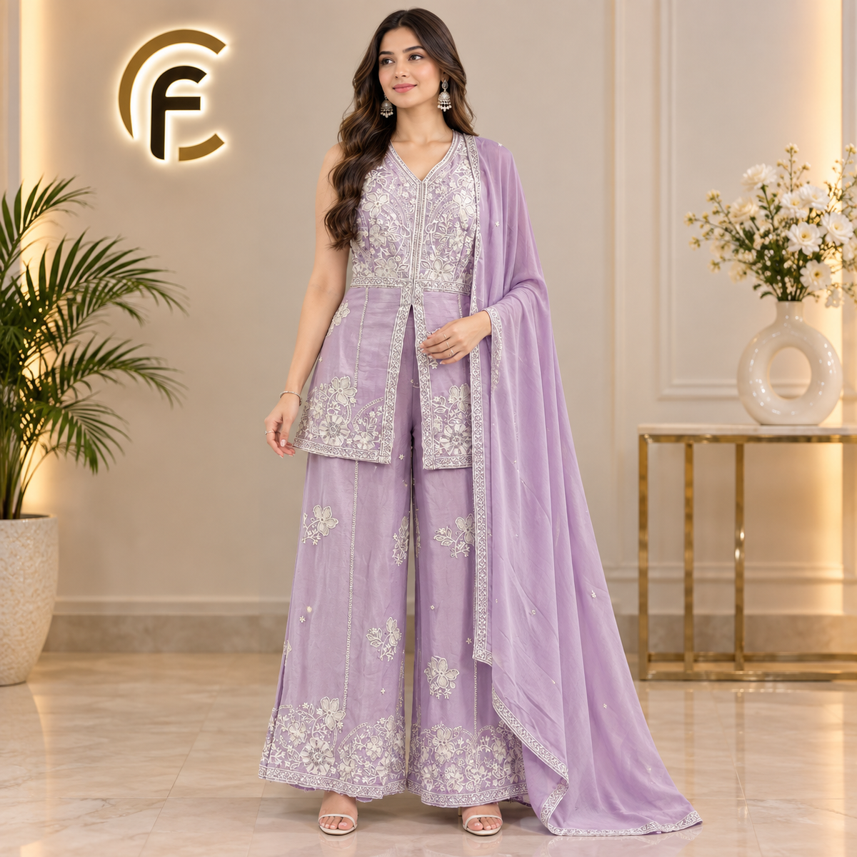 Purple Front Cut Top with Palazzo and Heavy Dupatta