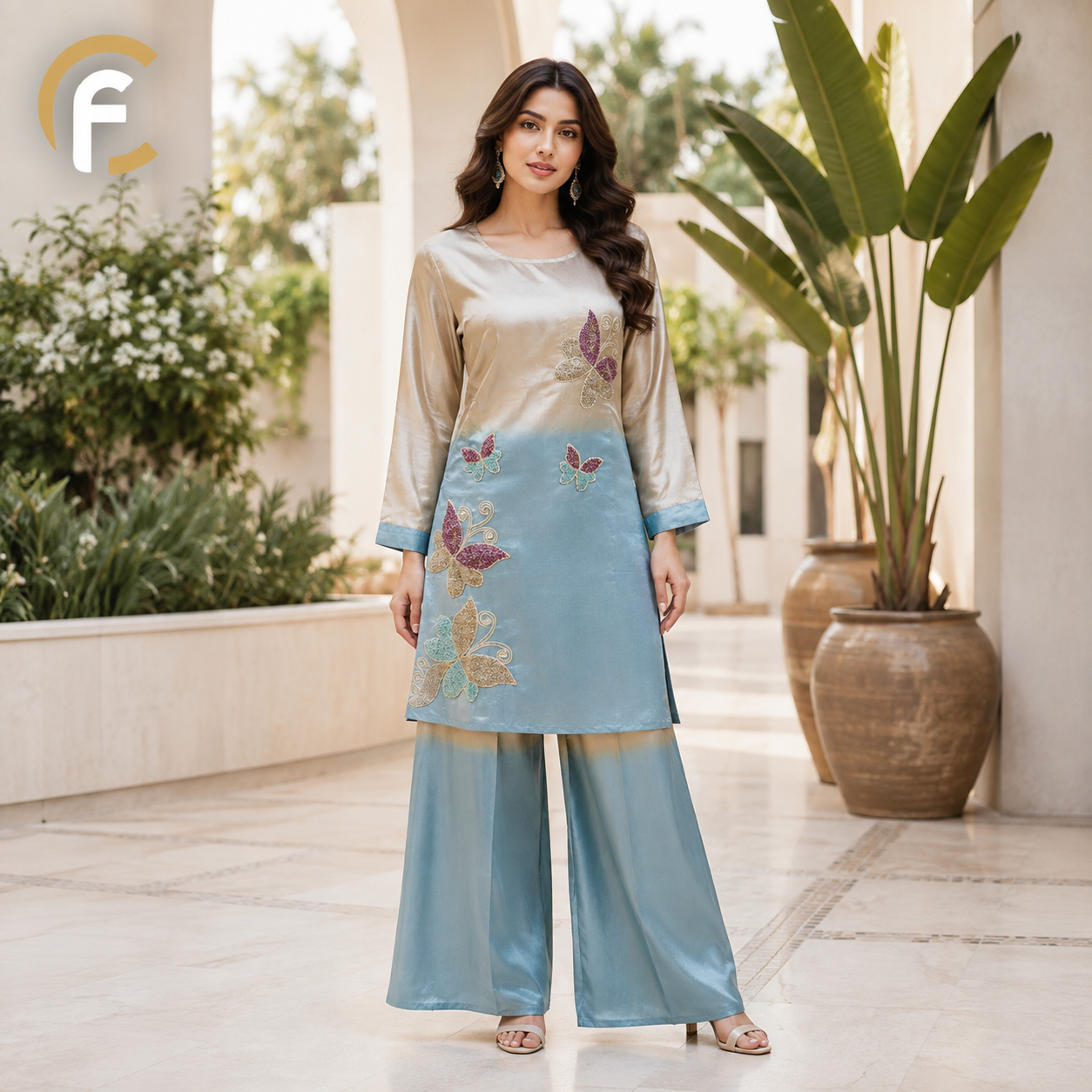 Ivory & Sky Blue Co-ord Set with Palazzo