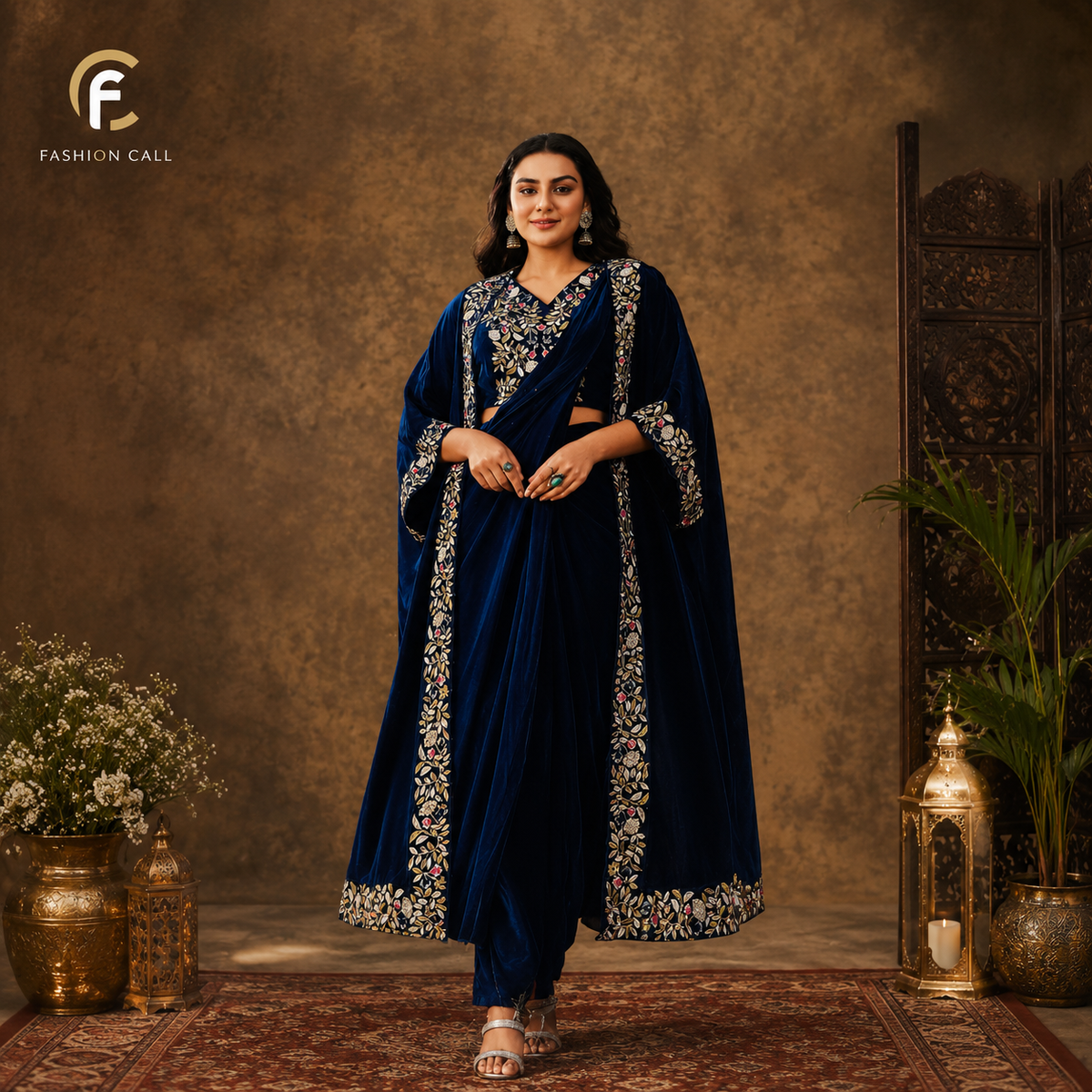Blue Hand Work Blouse with Pre-Draped Saree and Long Shrug