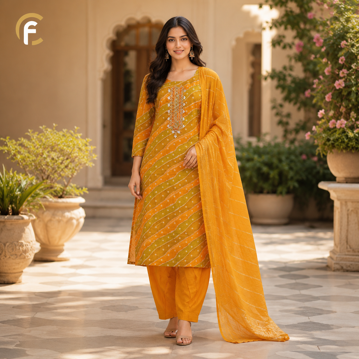 Yellow Mustard Leheriya Kurti with Plain Pant and Dupatta