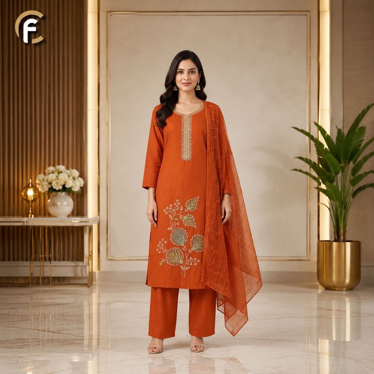 Orange Shade Suit with Heavy Dupatta and Zari Work