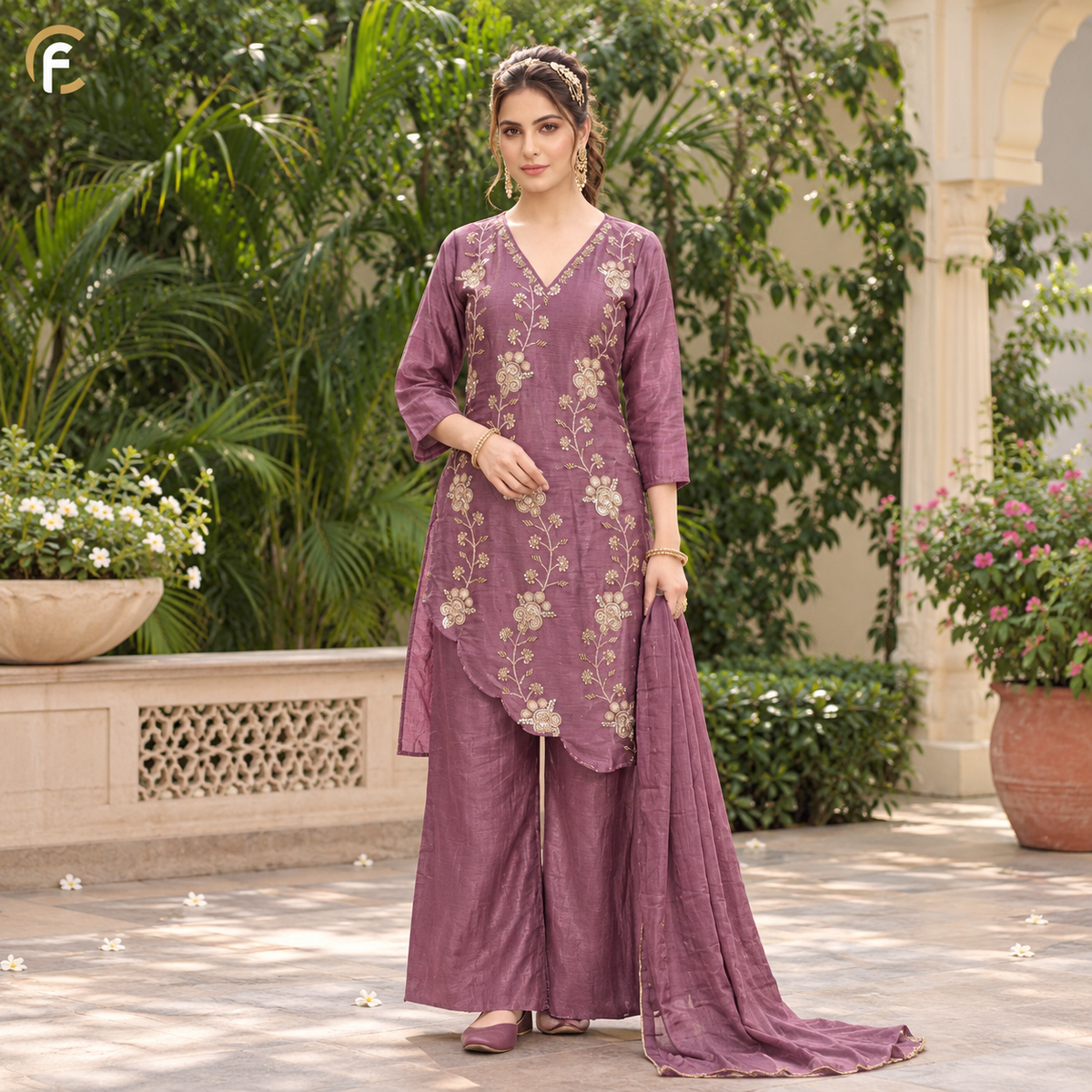 Magenta Short Kurti with Palazzo and Dupatta