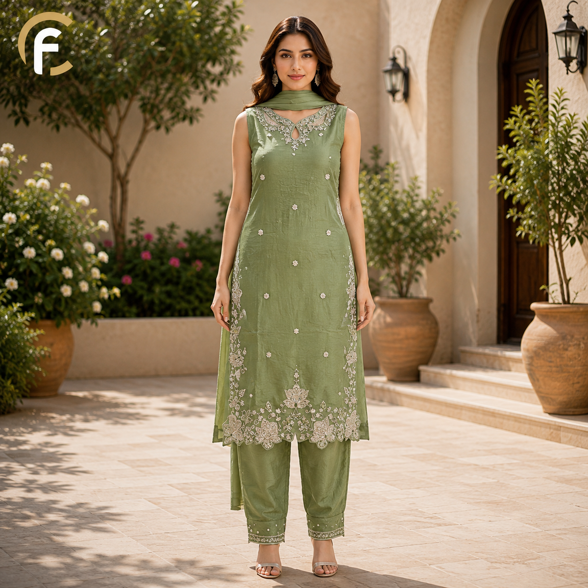 Green Kurti Palazzo Set with Bold Handwork Sleeveless Design