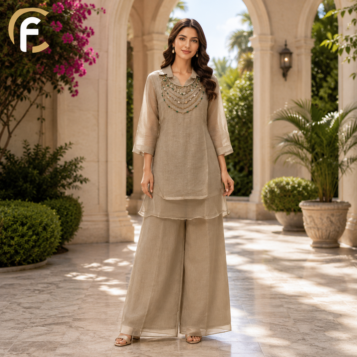 Coffee Co-ord Set with Salsa Fabric & Embroidered Neck Work