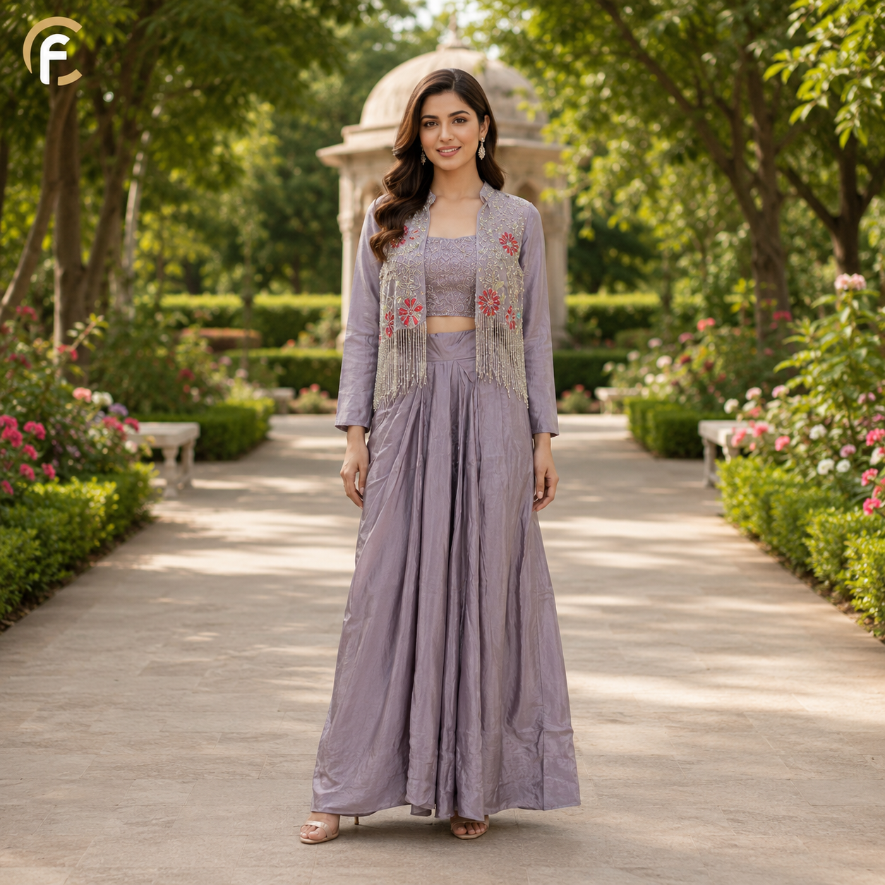 Lavender Cowl Skirt Embroidered Top with Handwork Jacket