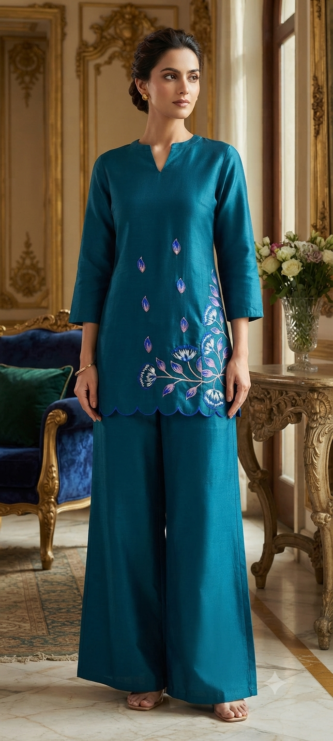 Rama Green Co-ord Set with Peacock Print Cut Work