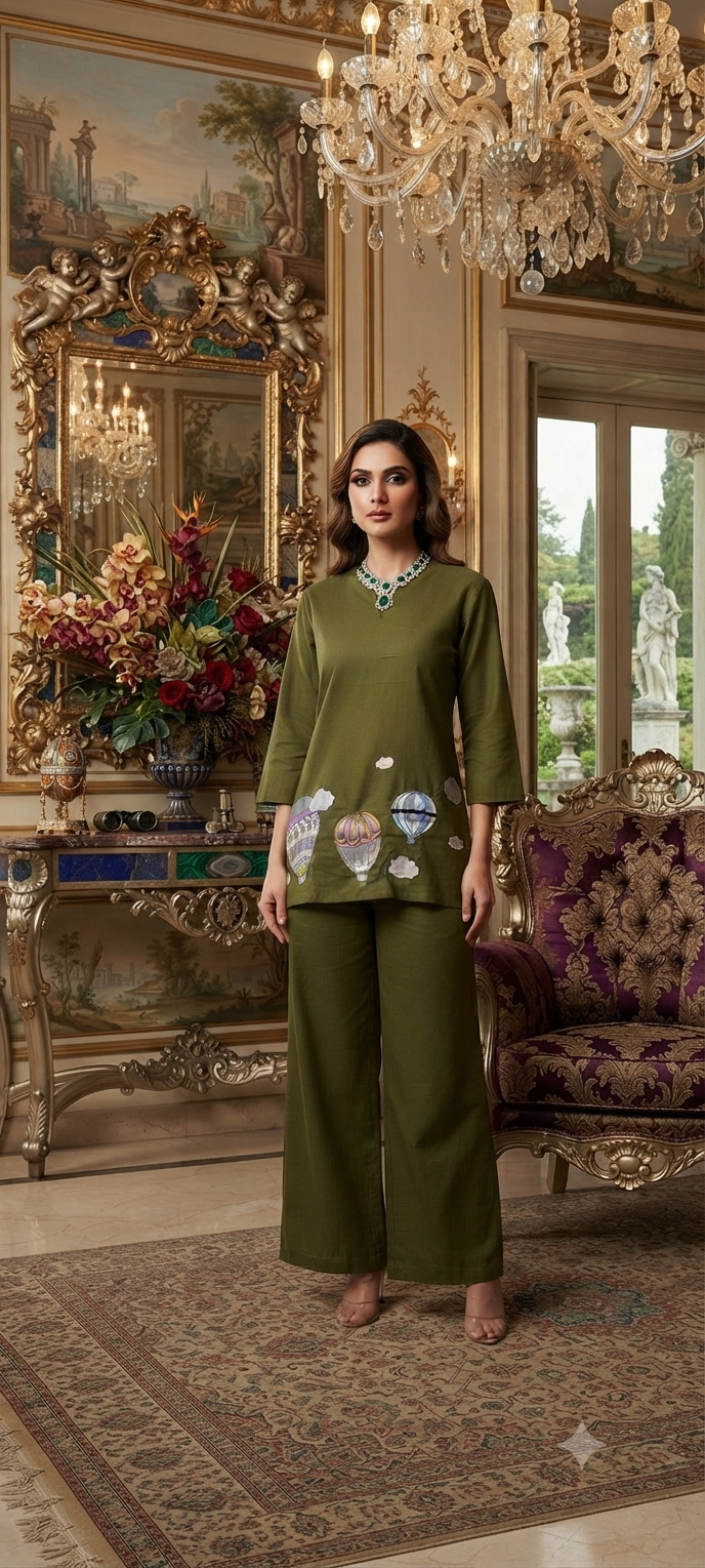 Bottle Green Co-ord Set with Balloon Sleeve Work