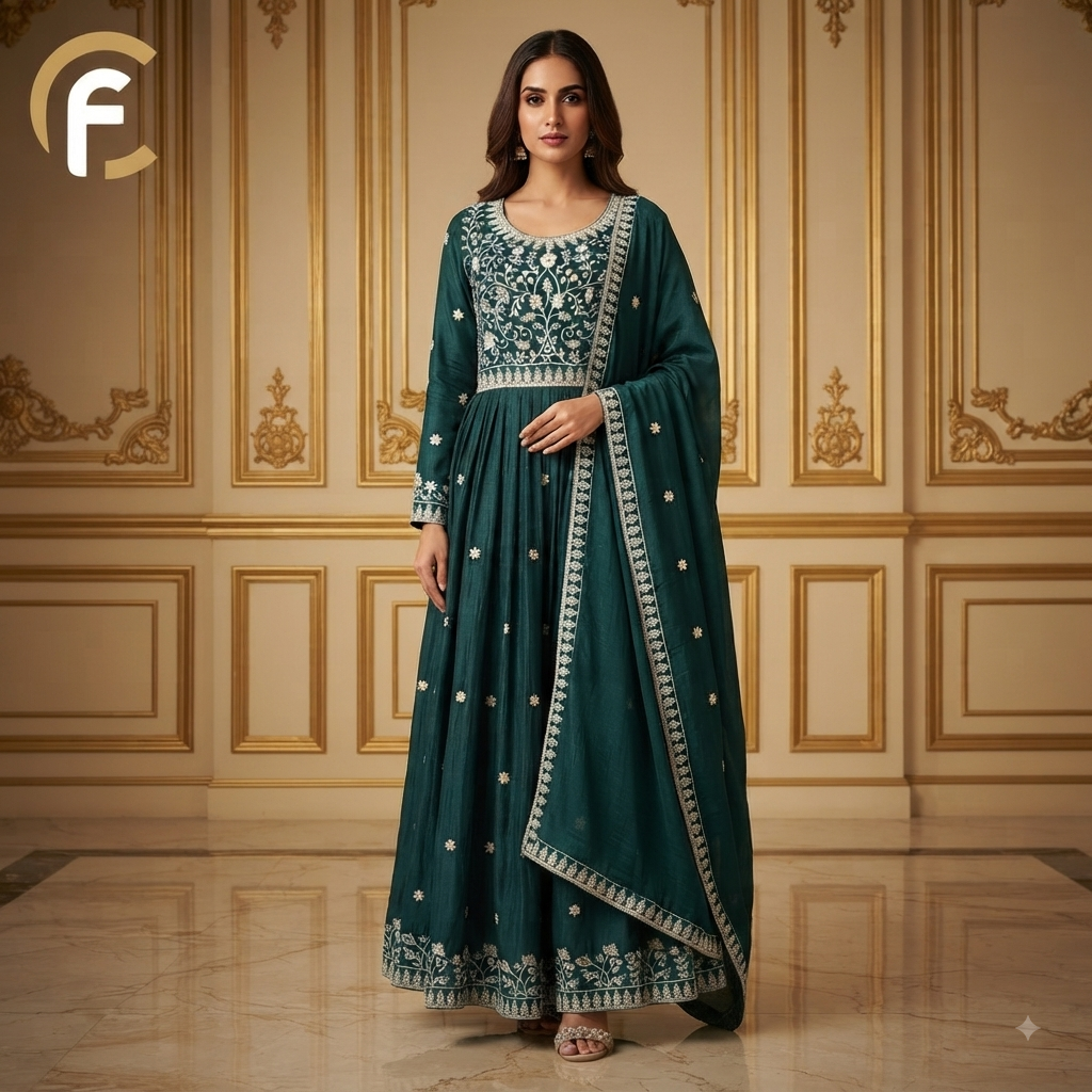 Rama Green Shade Gown Thread Work Long Length and Gher with Sleeves and Dupatta