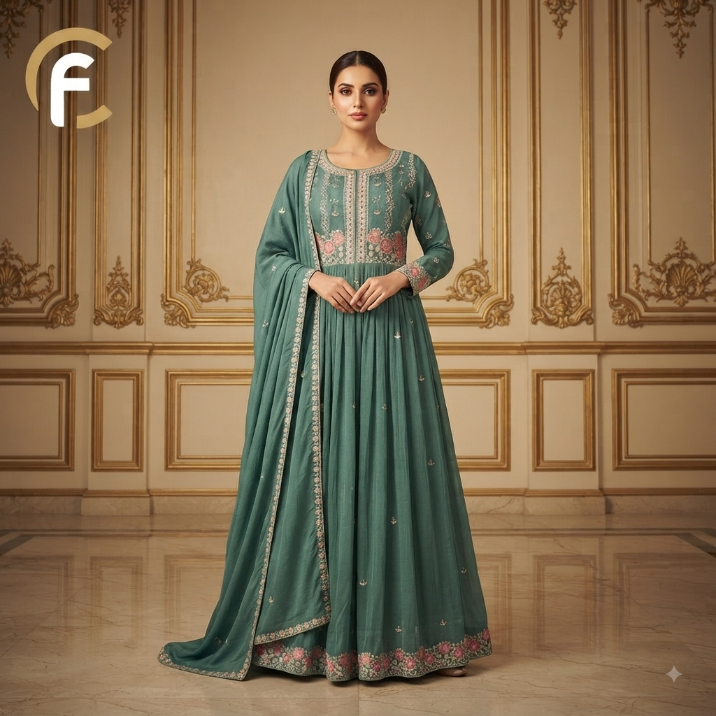 Rama Green Shade Gown Thread Work and Pearl Work Long Length and Gher with Sleeves and Dupatta