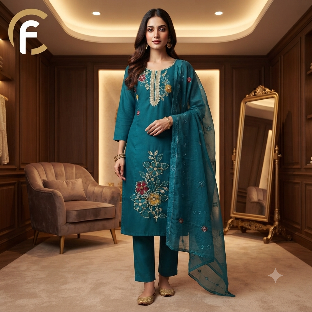 Teal Blue Suit with Multicolor Work and Dupatta