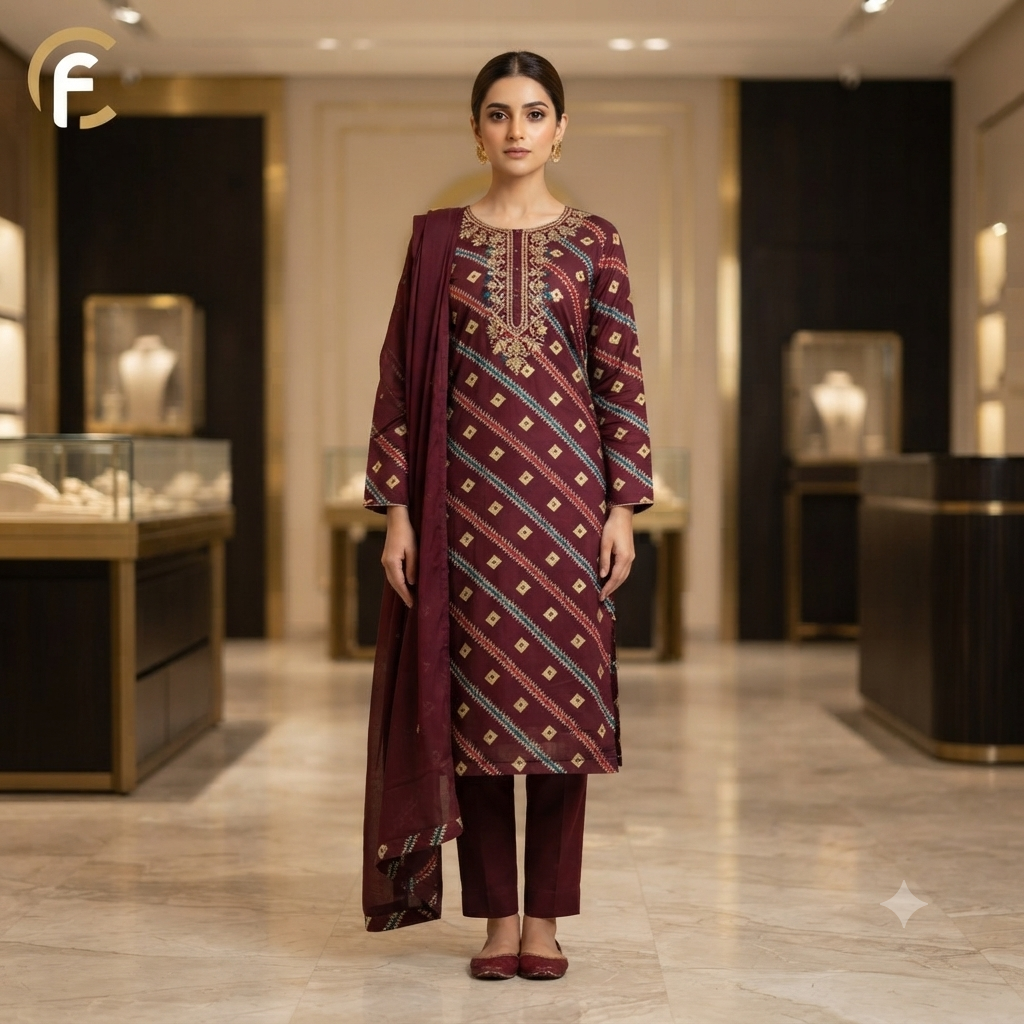 Wine Color Printed Kurti with Plain Pant and Dupatta Mal Cotton Fabric