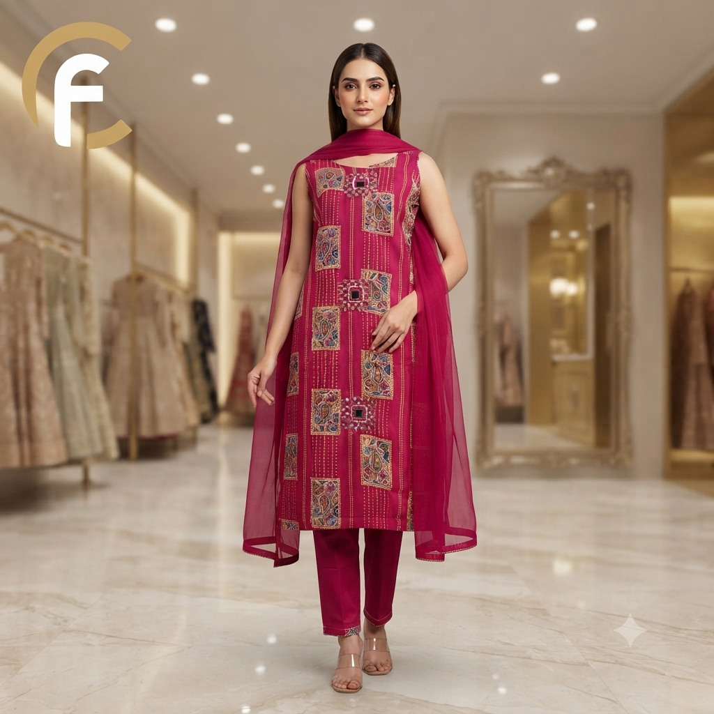 Cherry Red Sleeveless Printed Kurti with Plain Pant and Dupatta