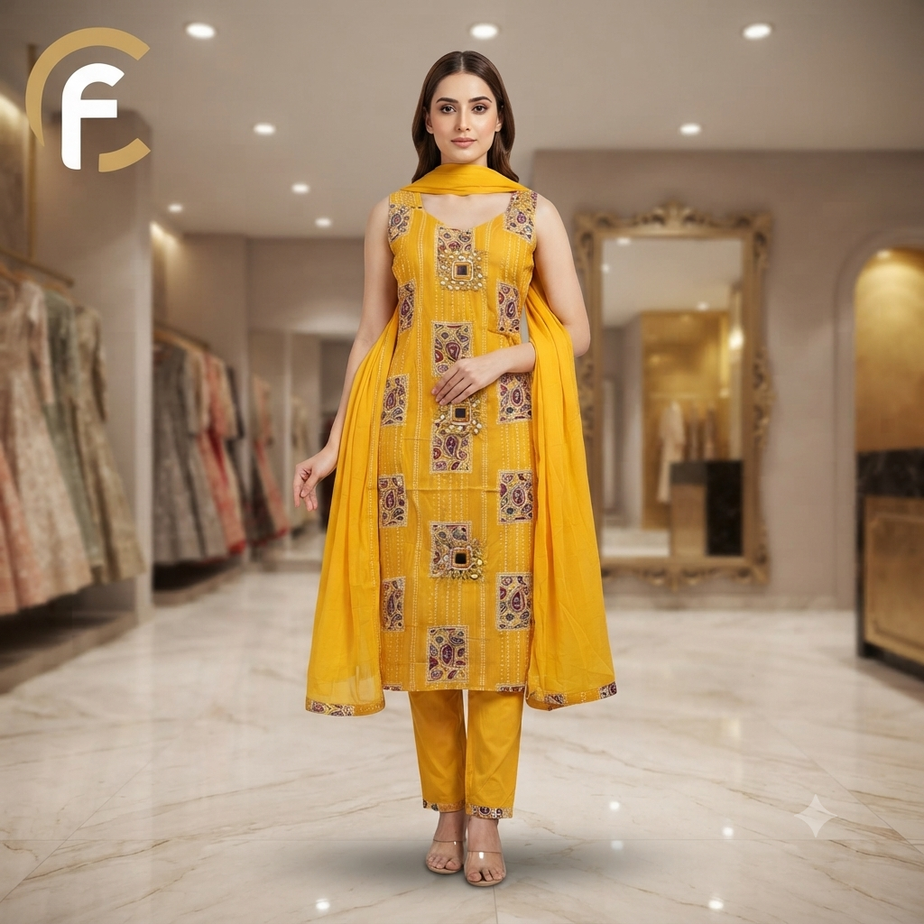 Yellow Sleeveless Printed Kurti with Plain Pant and Dupatta
