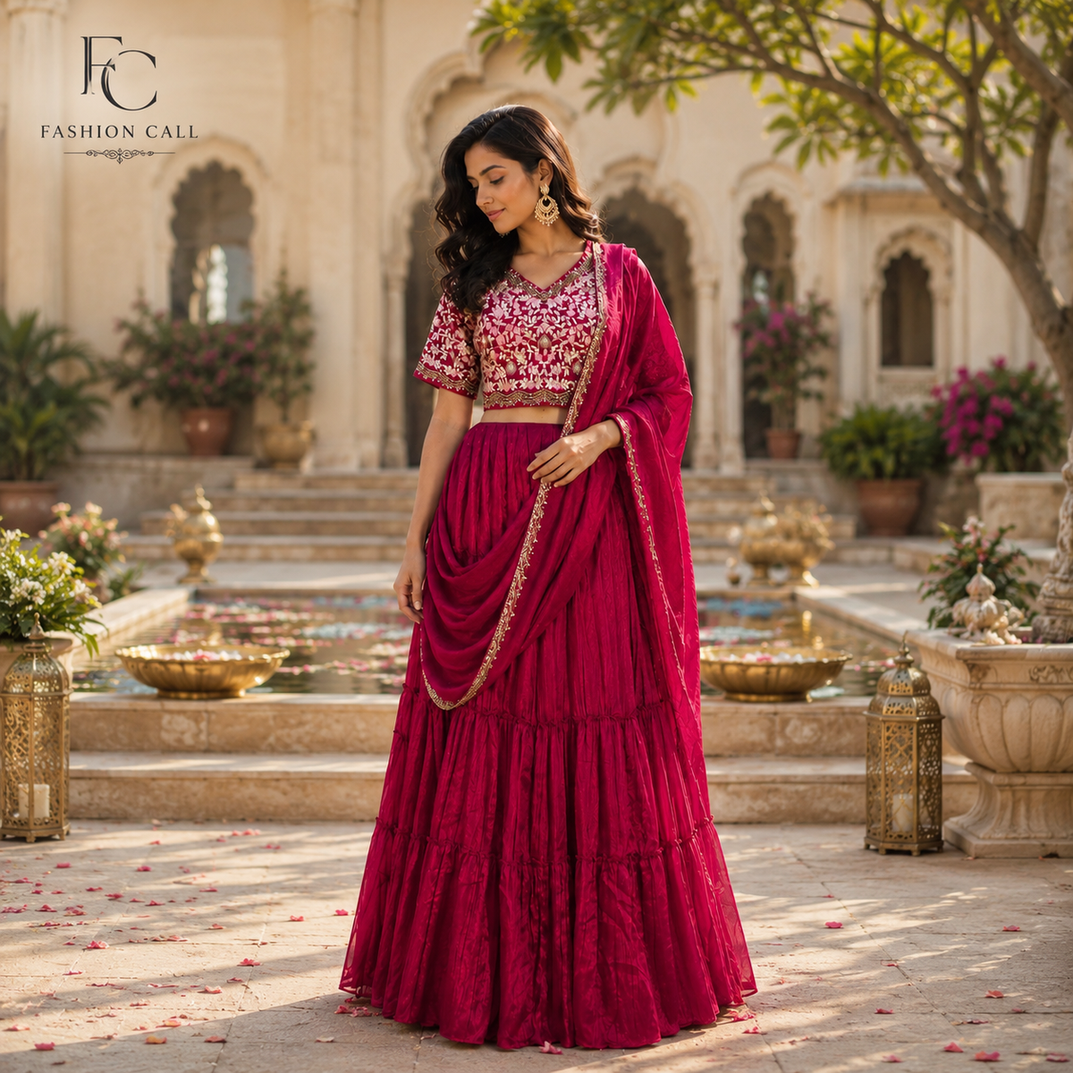 Red Pre-Draped Saree with Crop Top Lehenga Design