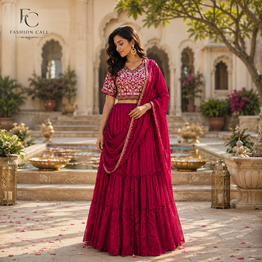 Red Pre-Draped Saree with Crop Top Lehenga Design