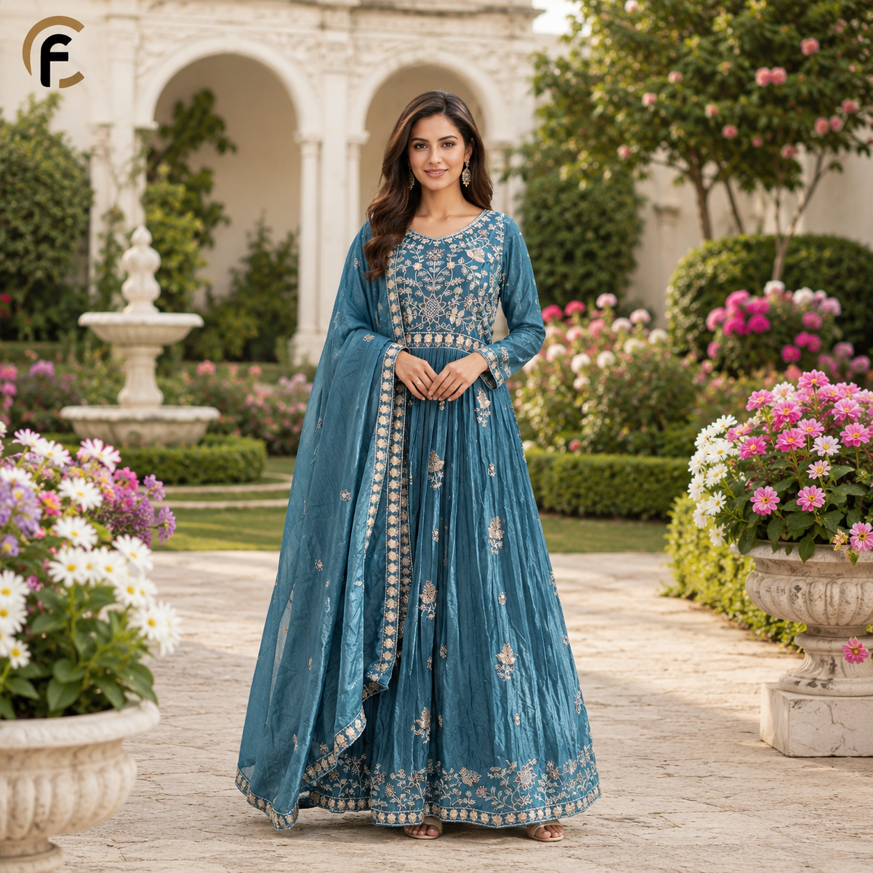 Peacock Green Gown with Thread Work & Heavy Dupatta