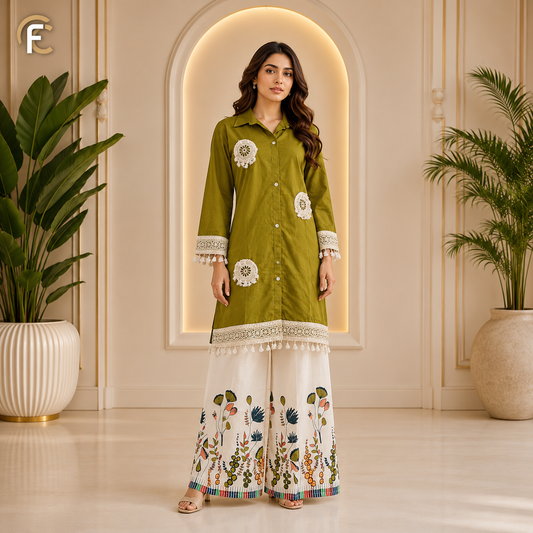 Green Co-ord Set with White Palazzo & Embroidery Work