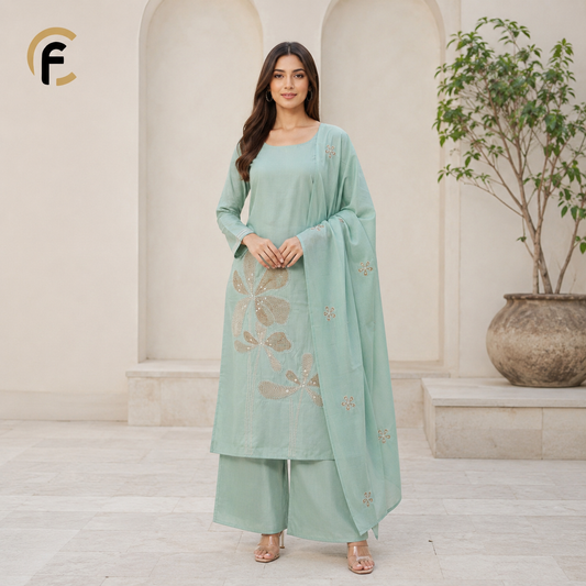 Beautiful Sea Green Suit on Glass Fabric with Cutdana Work
